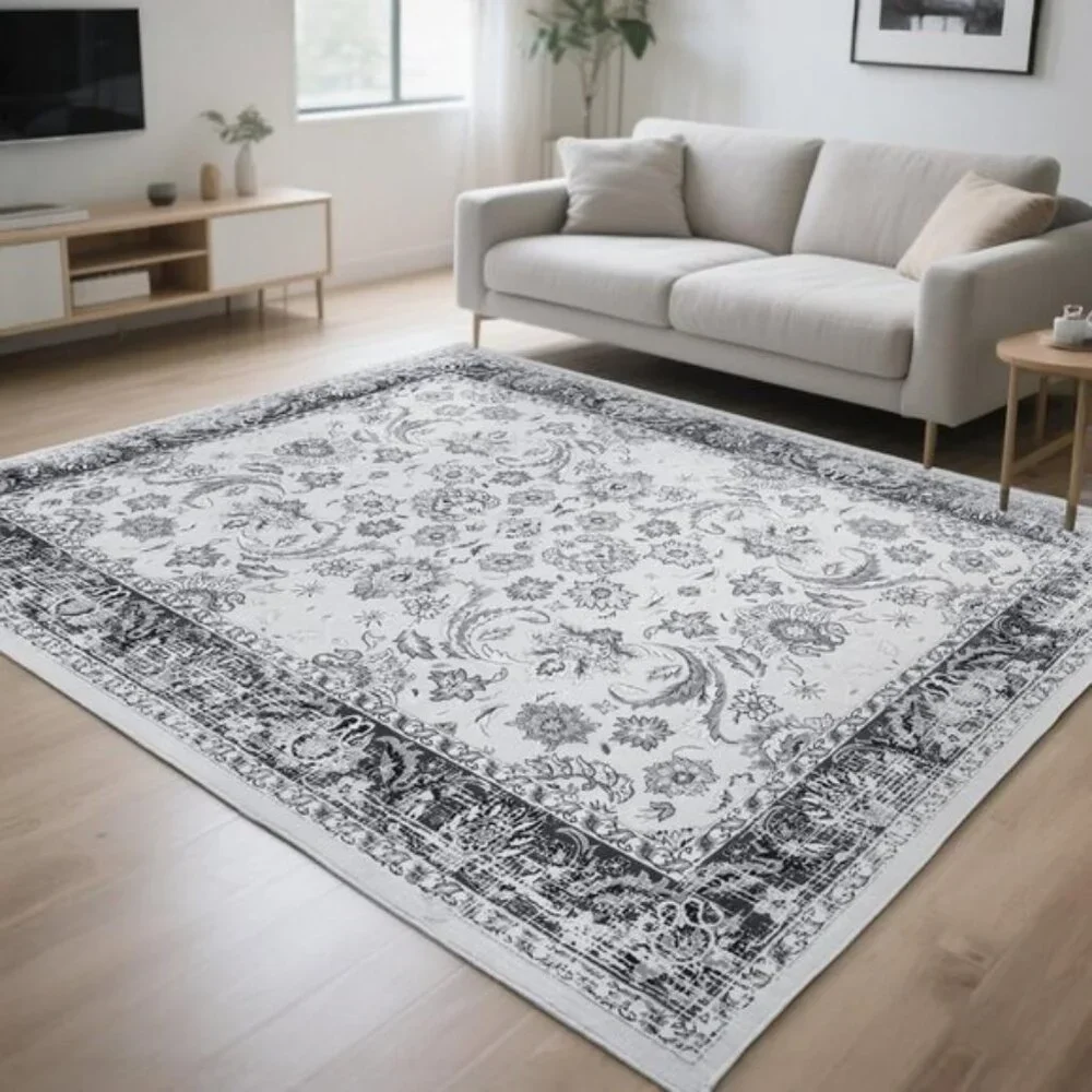 New 4x6 Grey Washable Area Rug, Non-Slip Low Pile Vintage Carpet for Home & Room